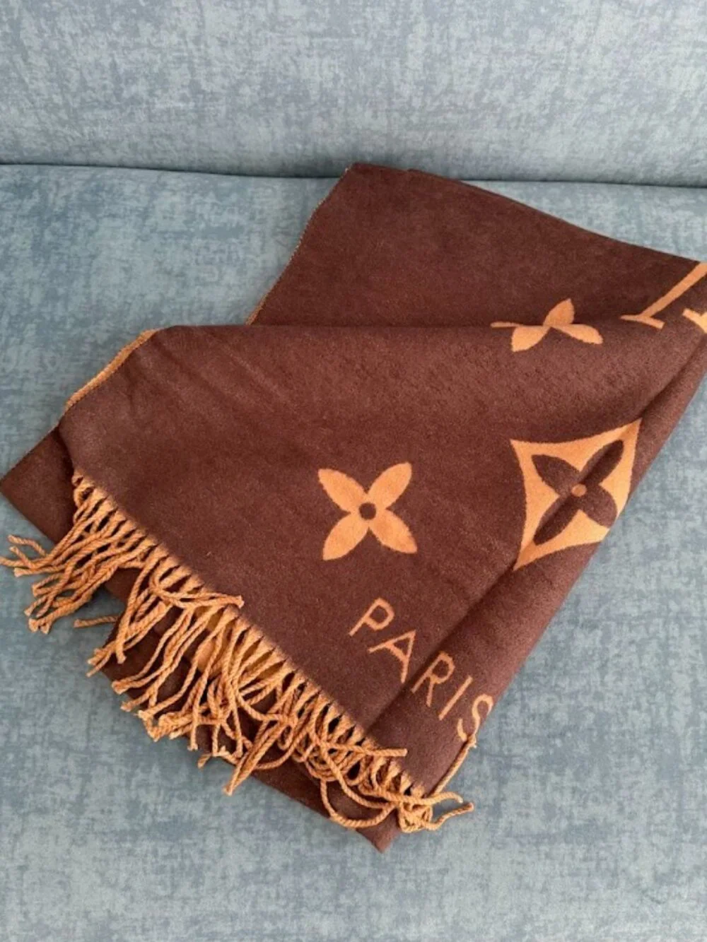 Brown Tan Reversible Monogram Oversized Scarf Shawl Wrap Fringe Luxury Style